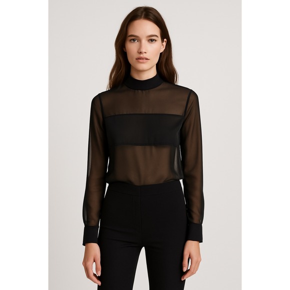 H&M Black Sheer Blouse Long Sleeve Top Mock Neck See Through Size US 4 - Picture 1 of 4